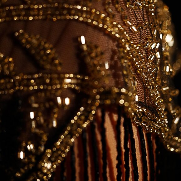 Black Gold Beaded Fringe Cape, Sequin Festival Bolero, Luxury Embellished Shawl - Picture 11 of 12